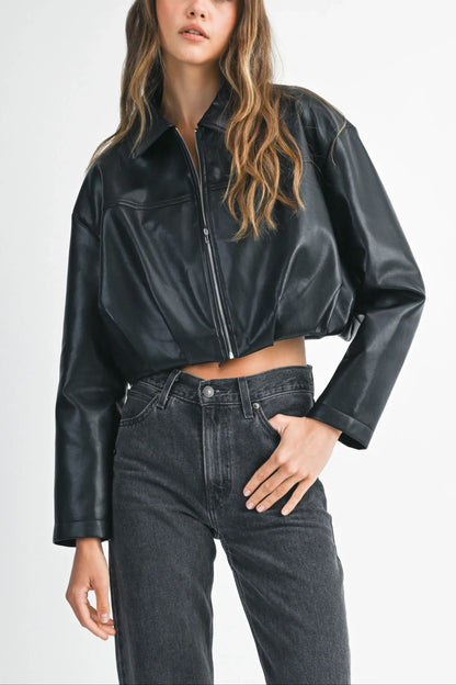 Faux Leather Pleated Hem Cropped Jacket