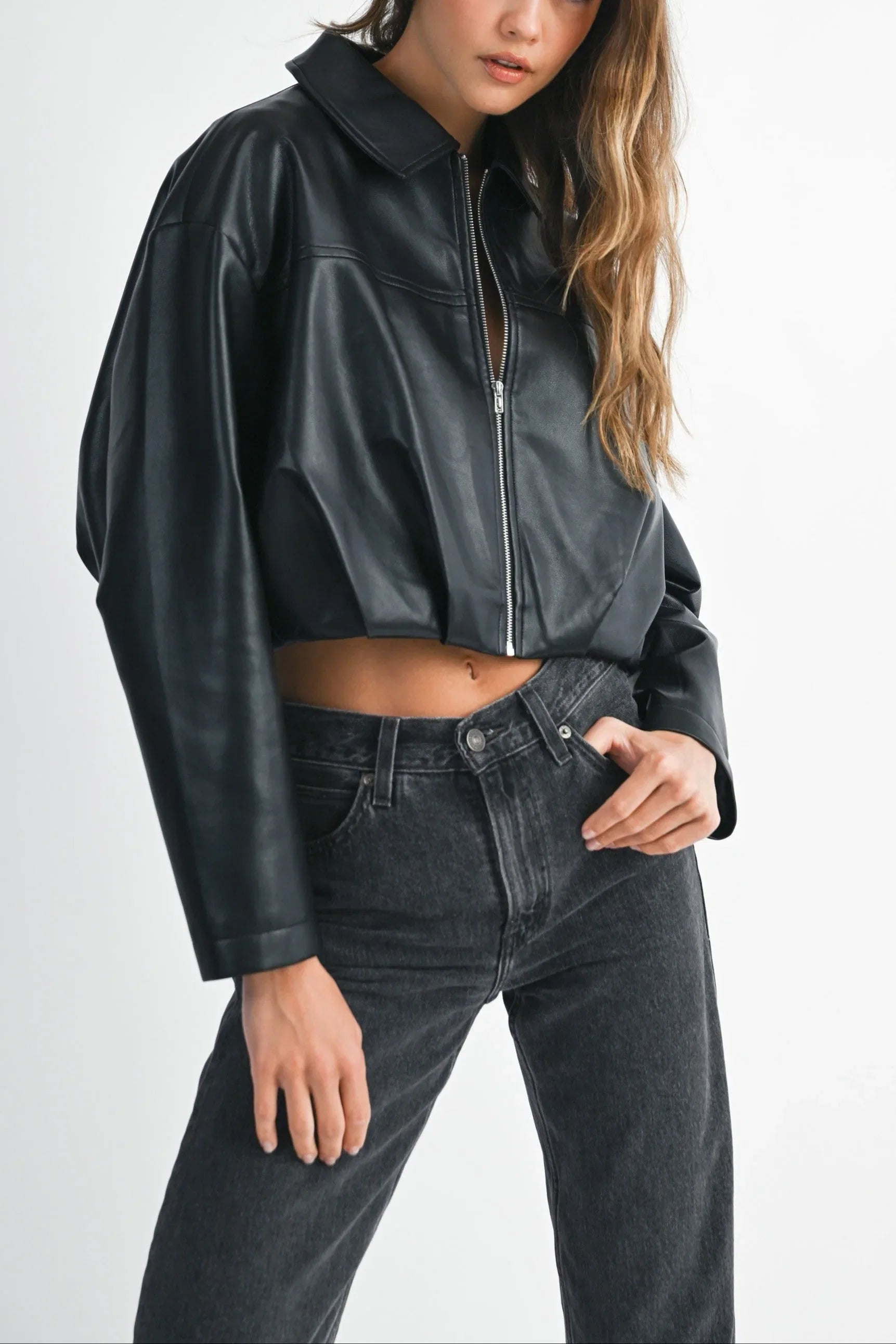 Faux Leather Pleated Hem Cropped Jacket