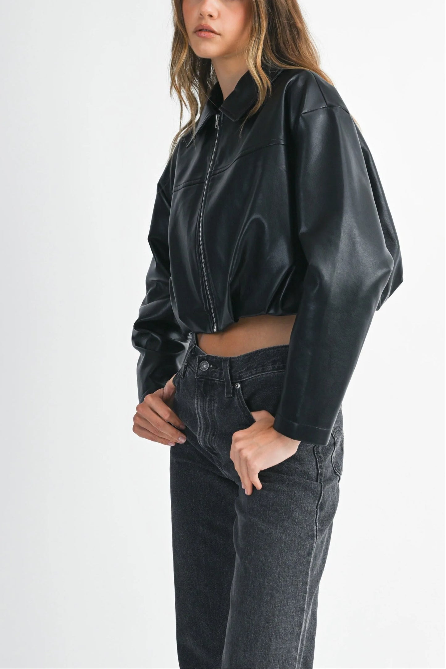 Faux Leather Pleated Hem Cropped Jacket