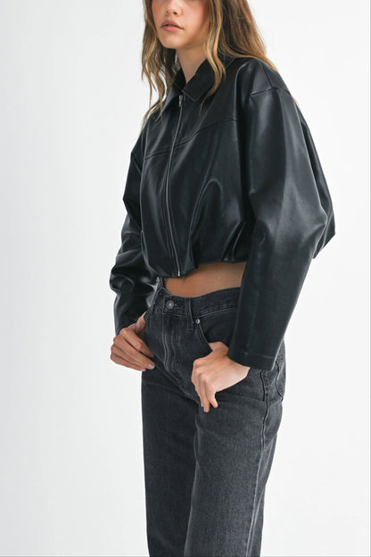 Faux Leather Pleated Hem Cropped Jacket