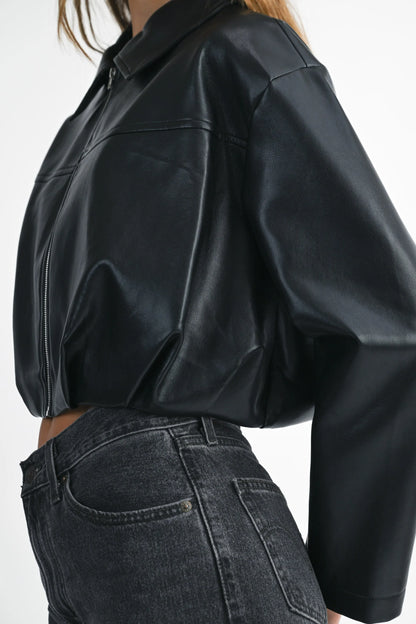 Faux Leather Pleated Hem Cropped Jacket