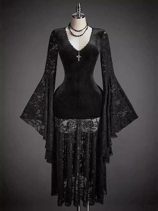 Lace V-Neck Midi Dress with Flare Sleeves Black