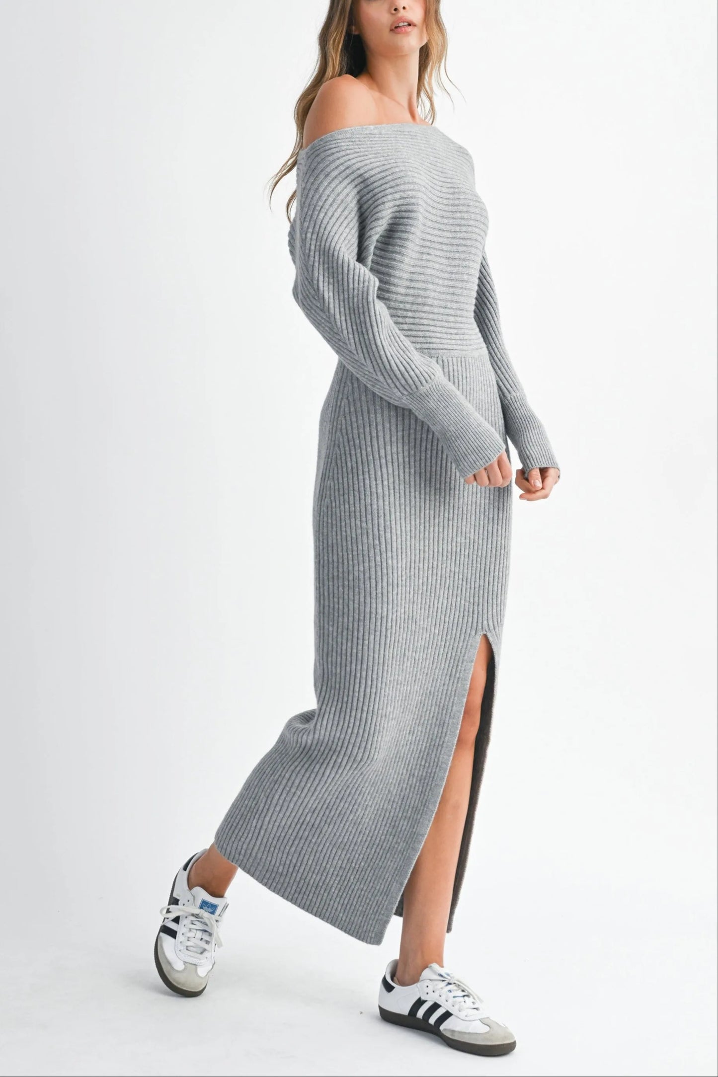 Off-Shoulder Ribbed Knit Sweater Dress With Side Slit H Grey