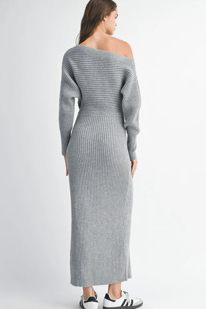 Off-Shoulder Ribbed Knit Sweater Dress With Side Slit
