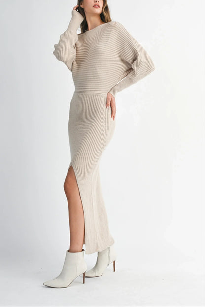 Off-Shoulder Ribbed Knit Sweater Dress With Side Slit