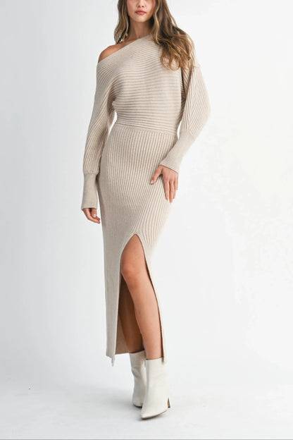 Off-Shoulder Ribbed Knit Sweater Dress With Side Slit