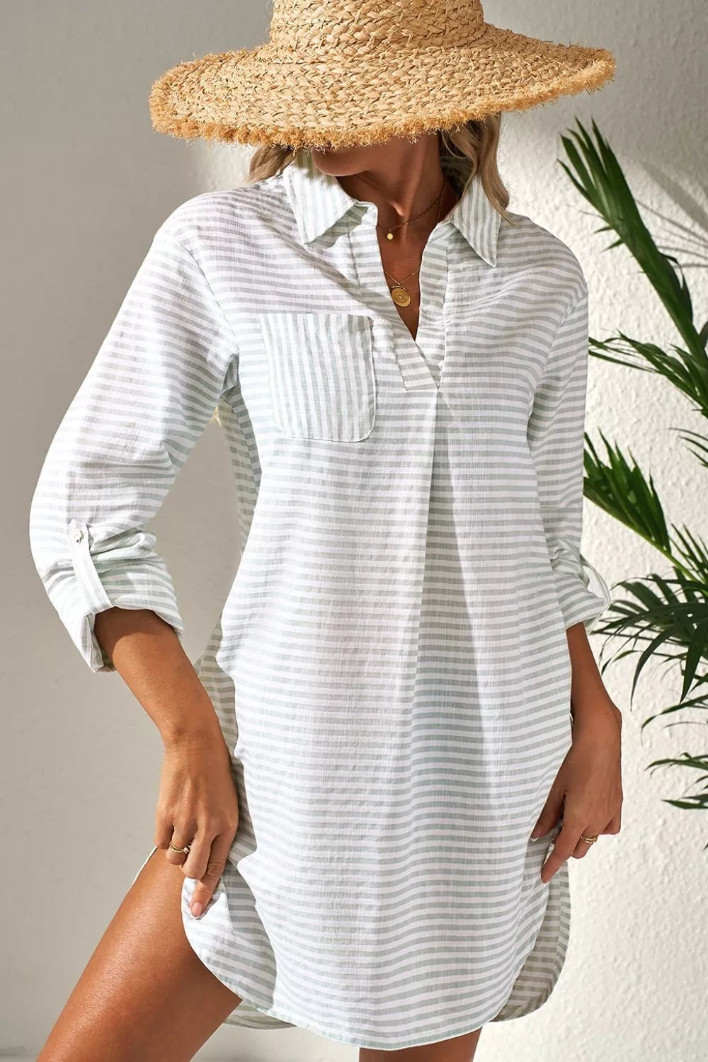Striped Johnny Collar Long Sleeve Mini Shirt Dress - Mini Dresses