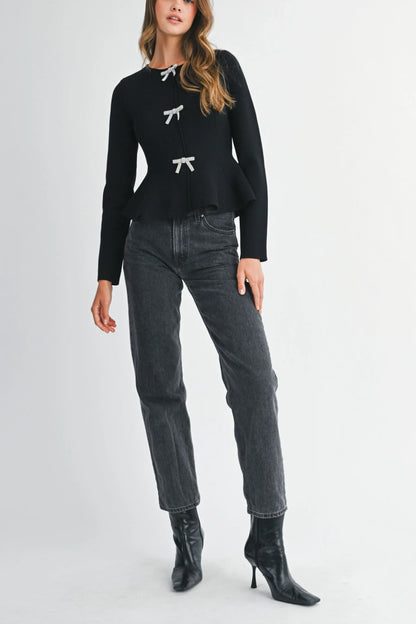 Long Sleeve Peplum Top with Jeweled Bows