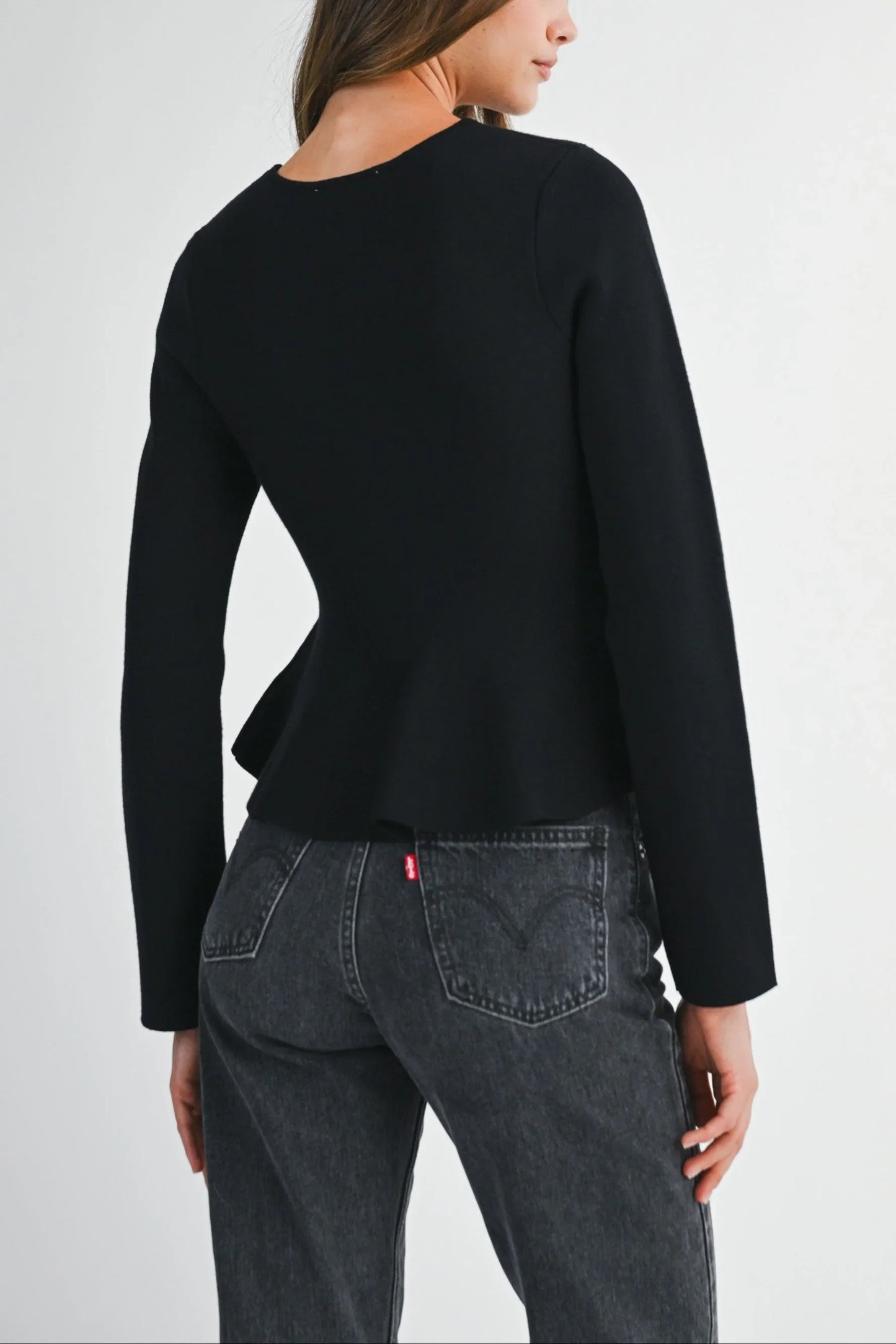 Long Sleeve Peplum Top with Jeweled Bows