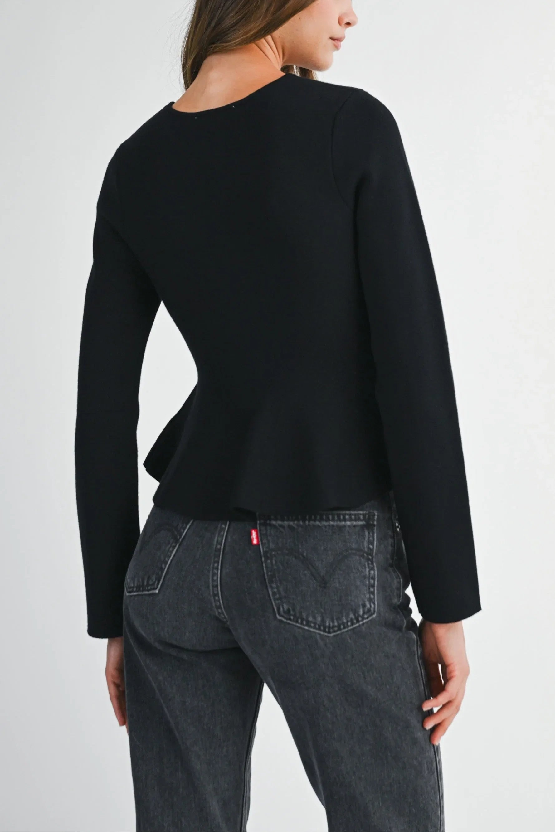 Long Sleeve Peplum Top with Jeweled Bows