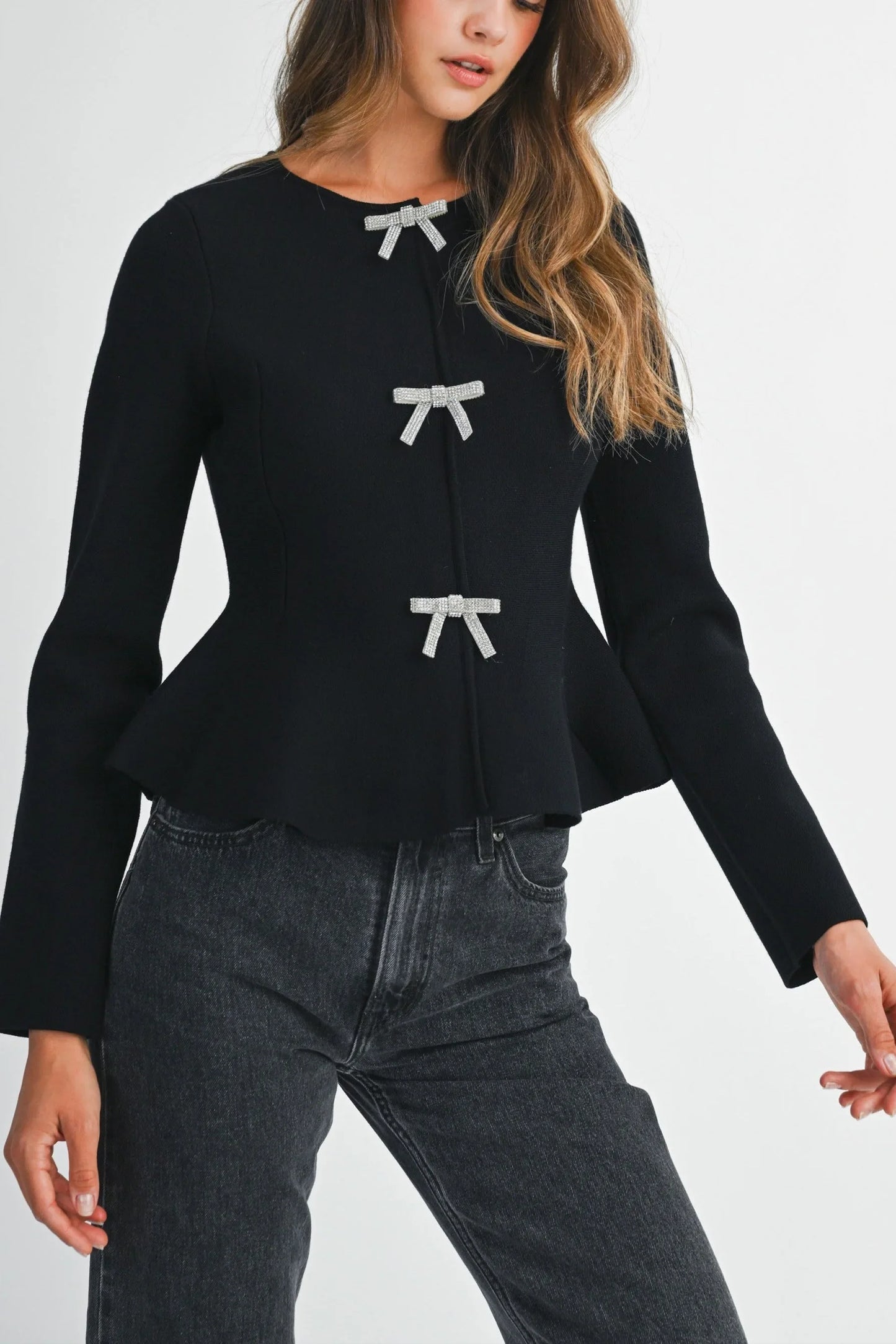 Long Sleeve Peplum Top with Jeweled Bows