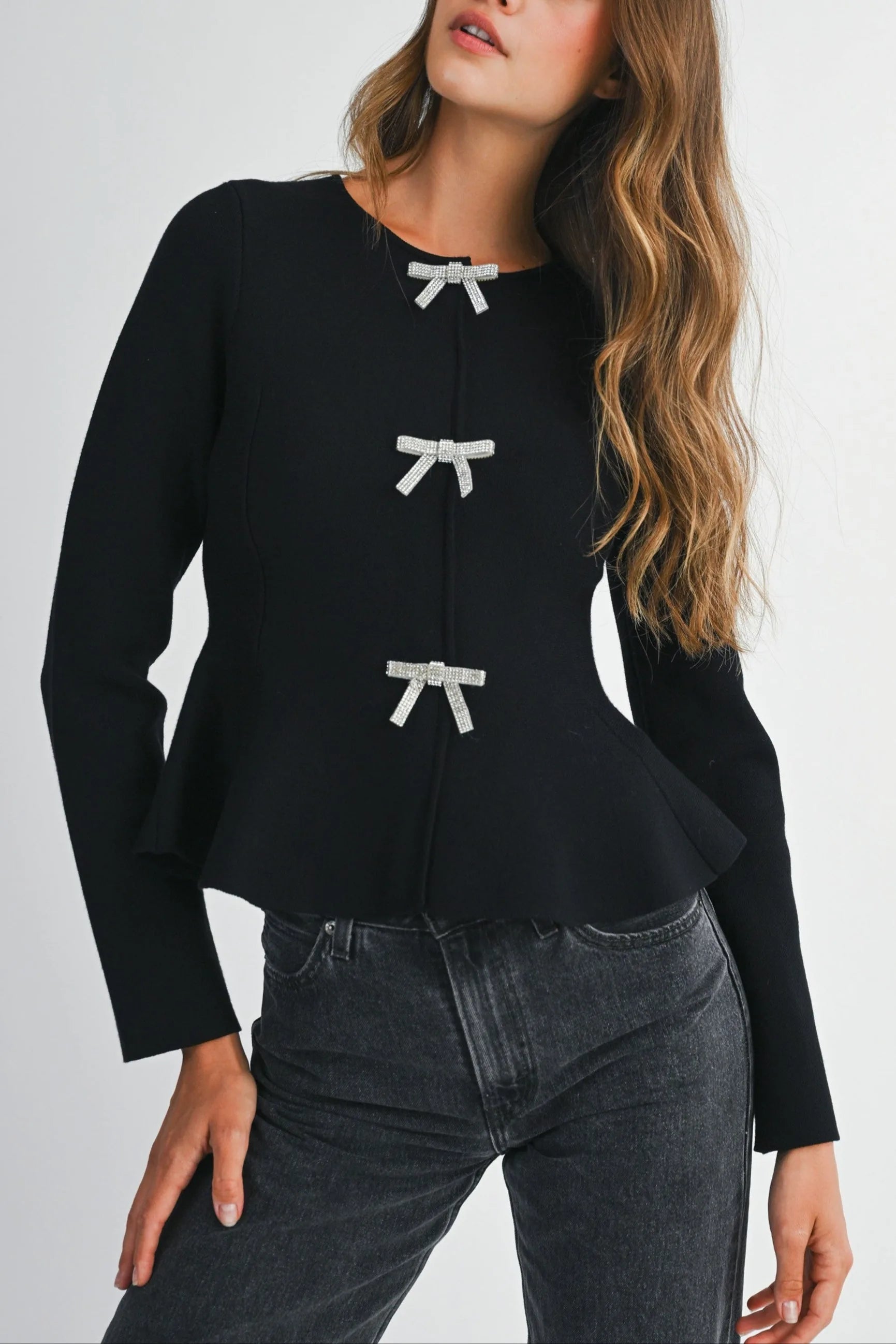 Long Sleeve Peplum Top with Jeweled Bows