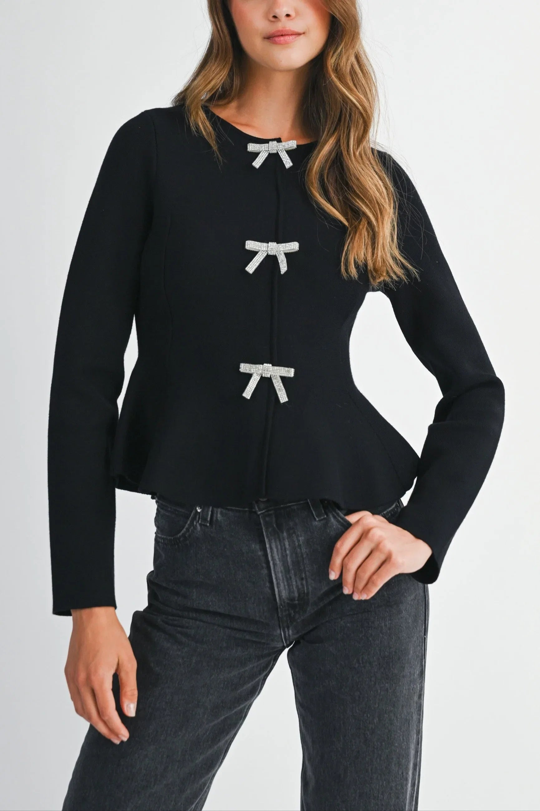 Long Sleeve Peplum Top with Jeweled Bows Black