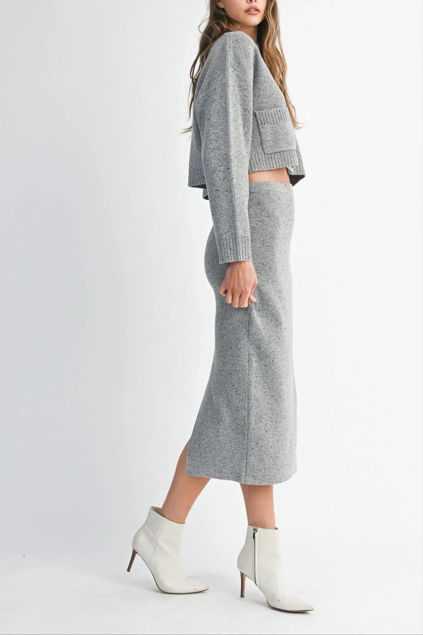 Knit Cropped Button Cardigan & Fitted Midi Skirt Two-Piece Set — Cozy Chic Soft Textured Style - Outfit Sets