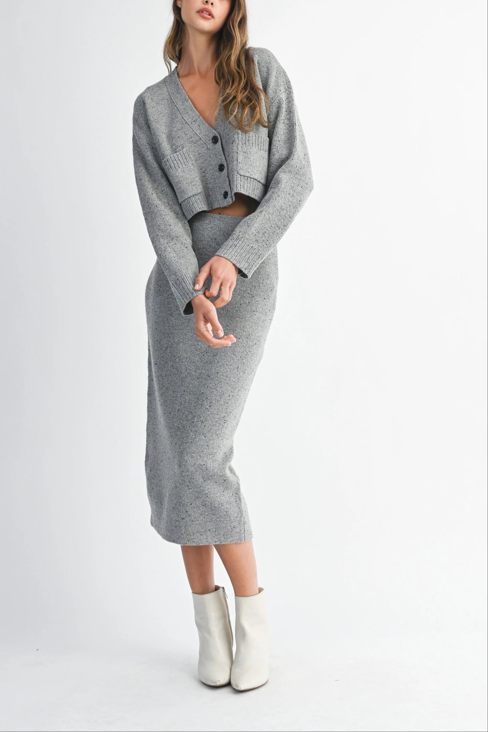 Knit Cropped Button Cardigan & Fitted Midi Skirt Two-Piece Set — Cozy Chic Soft Textured Style - Outfit Sets