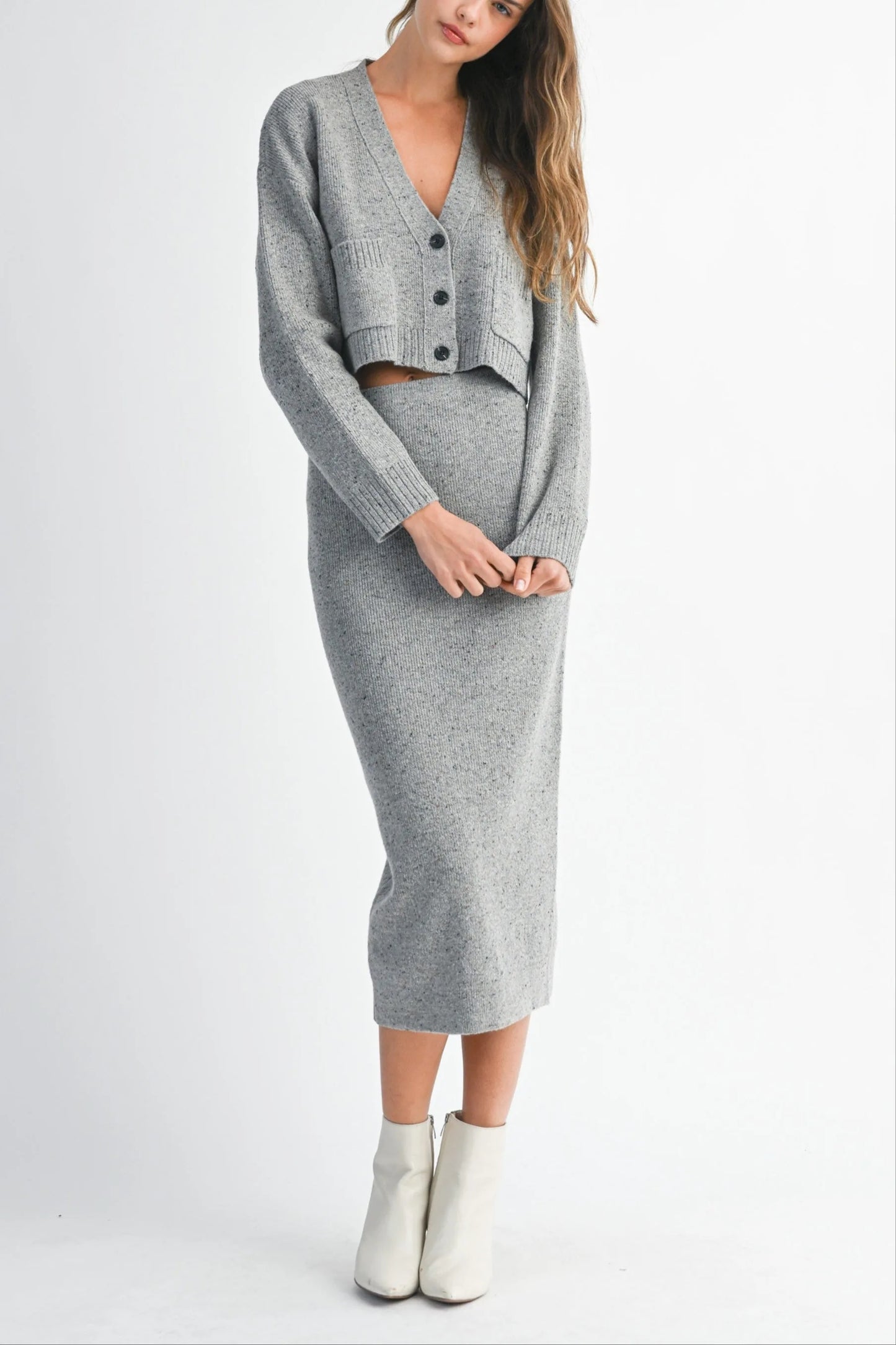 Knit Cropped Button Cardigan & Fitted Midi Skirt Two-Piece Set — Cozy Chic Soft Textured Style - Outfit Sets