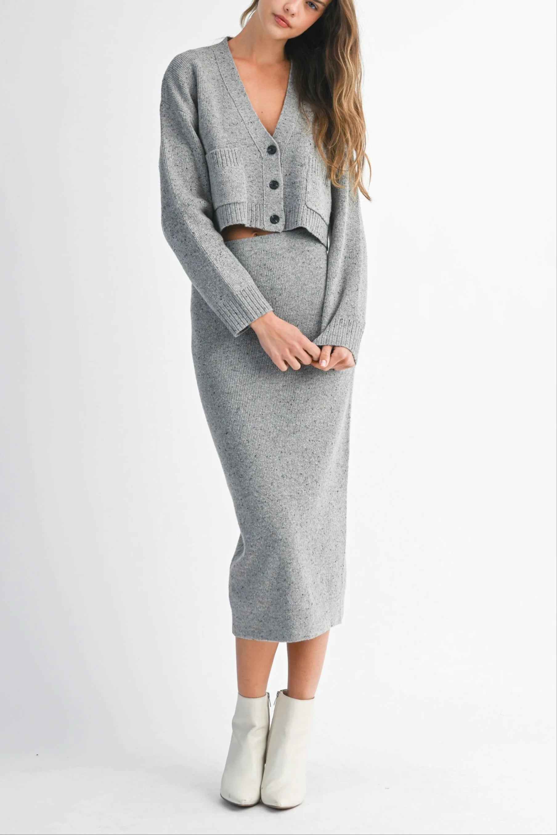 Knit Cropped Button Cardigan & Fitted Midi Skirt Two-Piece Set — Cozy Chic Soft Textured Style - Outfit Sets