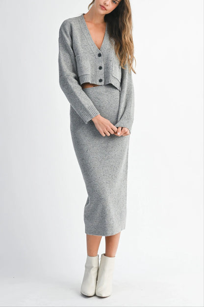 Knit Cropped Button Cardigan & Fitted Midi Skirt Two-Piece Set — Cozy Chic Soft Textured Style - Outfit Sets