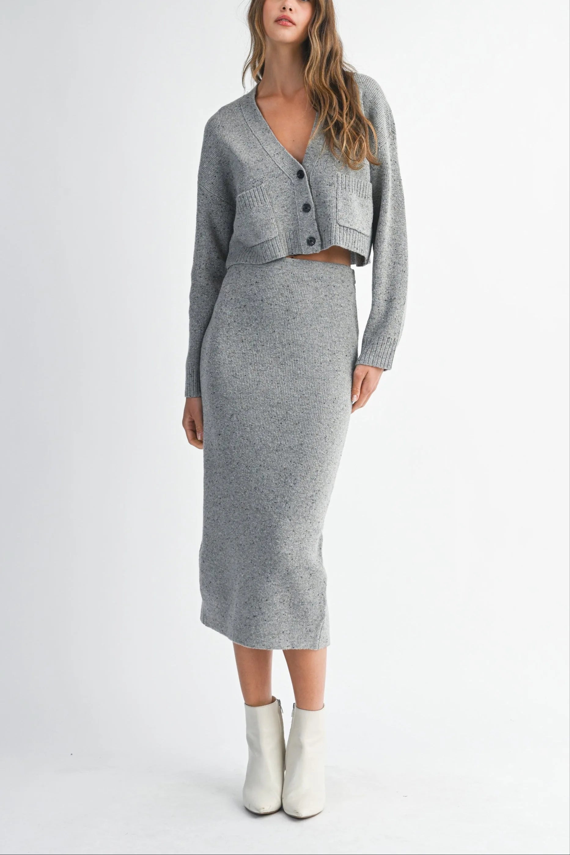 Knit Cropped Button Cardigan & Fitted Midi Skirt Two-Piece Set — Cozy Chic Soft Textured Style - Grey Outfit Sets