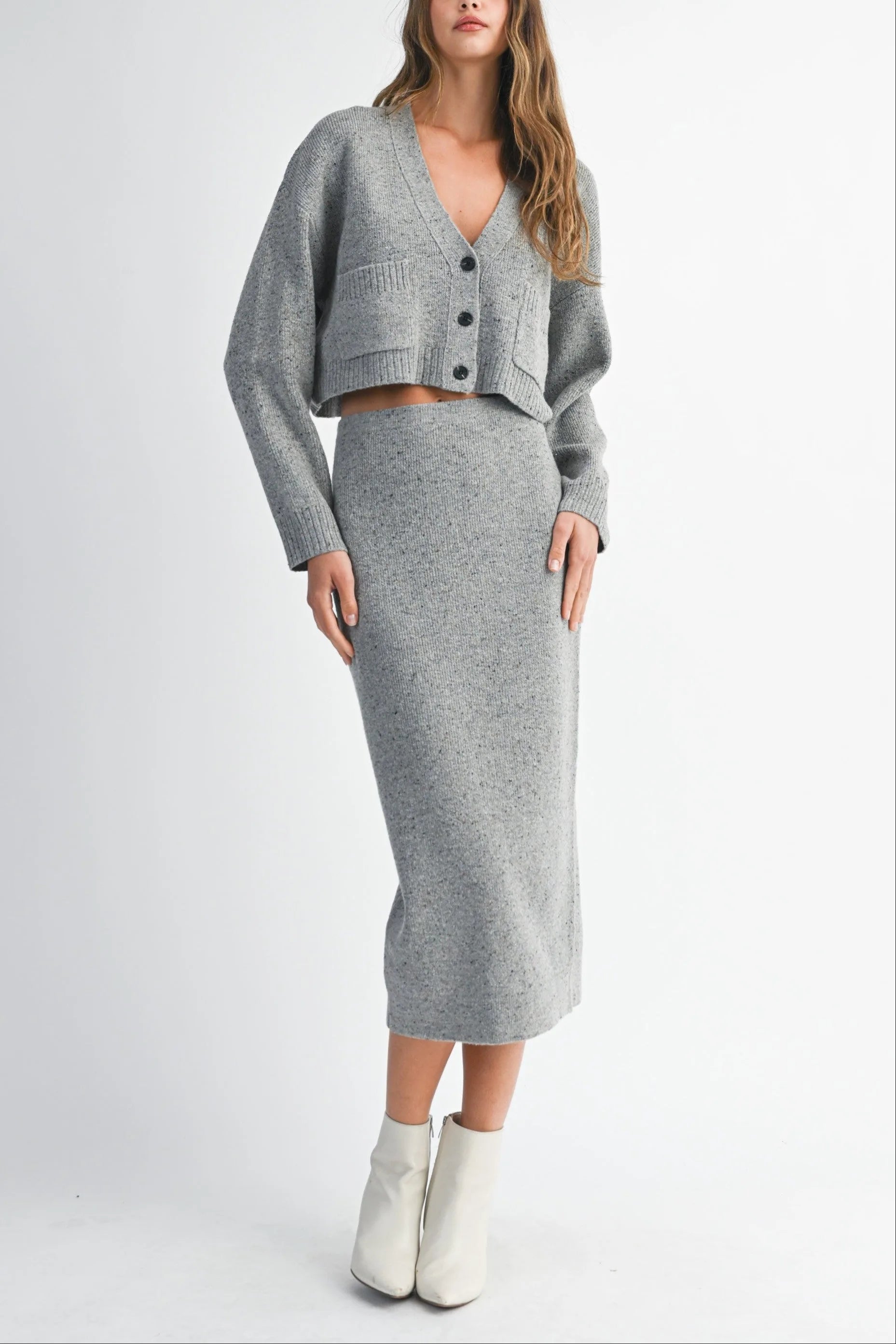 Knit Cropped Button Cardigan & Fitted Midi Skirt Two-Piece Set — Cozy Chic Soft Textured Style - Outfit Sets
