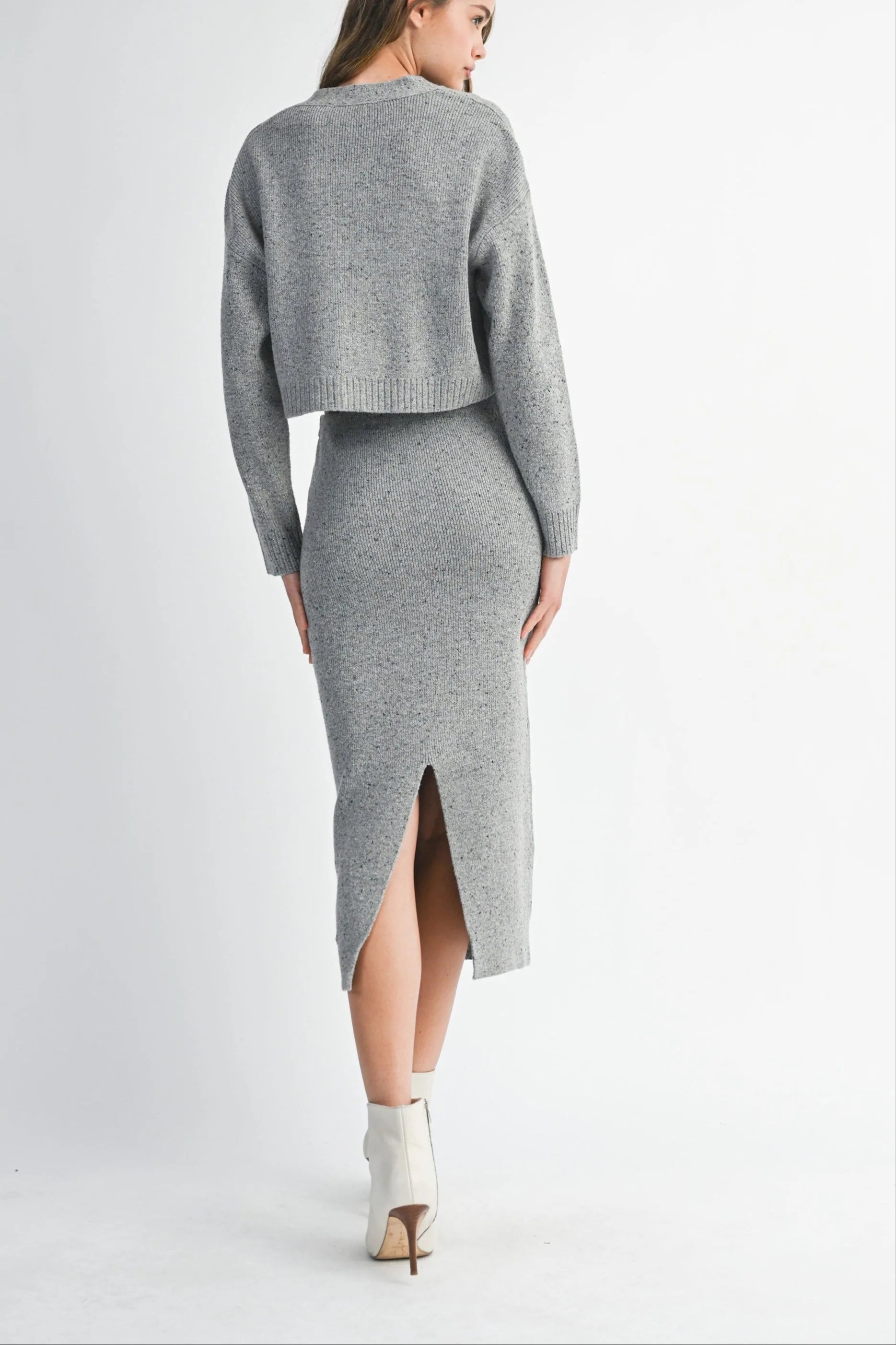 Knit Cropped Button Cardigan & Fitted Midi Skirt Two-Piece Set — Cozy Chic Soft Textured Style - Outfit Sets