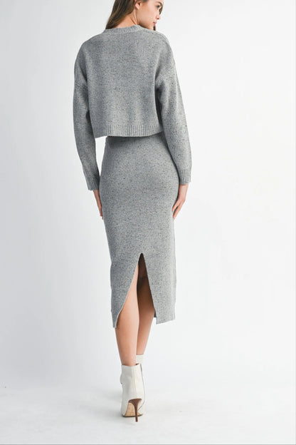 Knit Cropped Button Cardigan & Fitted Midi Skirt Two-Piece Set — Cozy Chic Soft Textured Style - Outfit Sets
