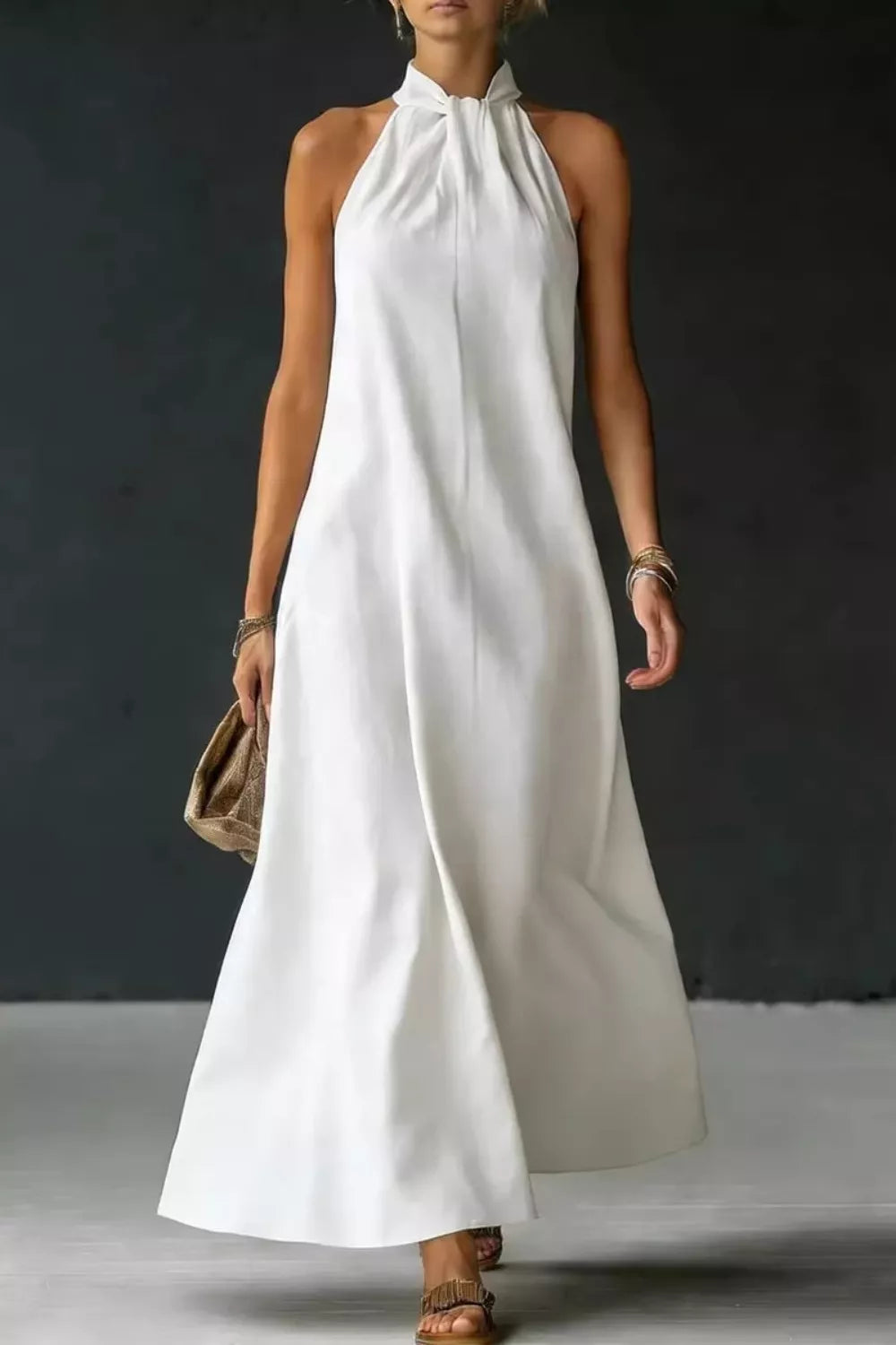 Women's Halter Neck Sleeveless Maxi Dress, Side Slit - White Maxi Dresses