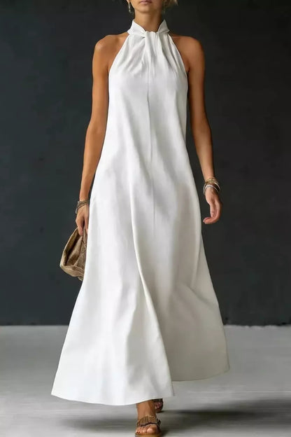 Women's Halter Neck Sleeveless Maxi Dress, Side Slit - White Maxi Dresses