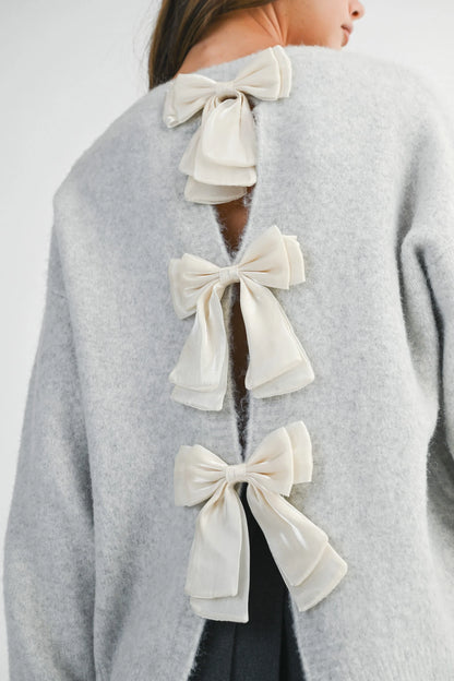 Crew Neck Open Back Bow Detail Sweater