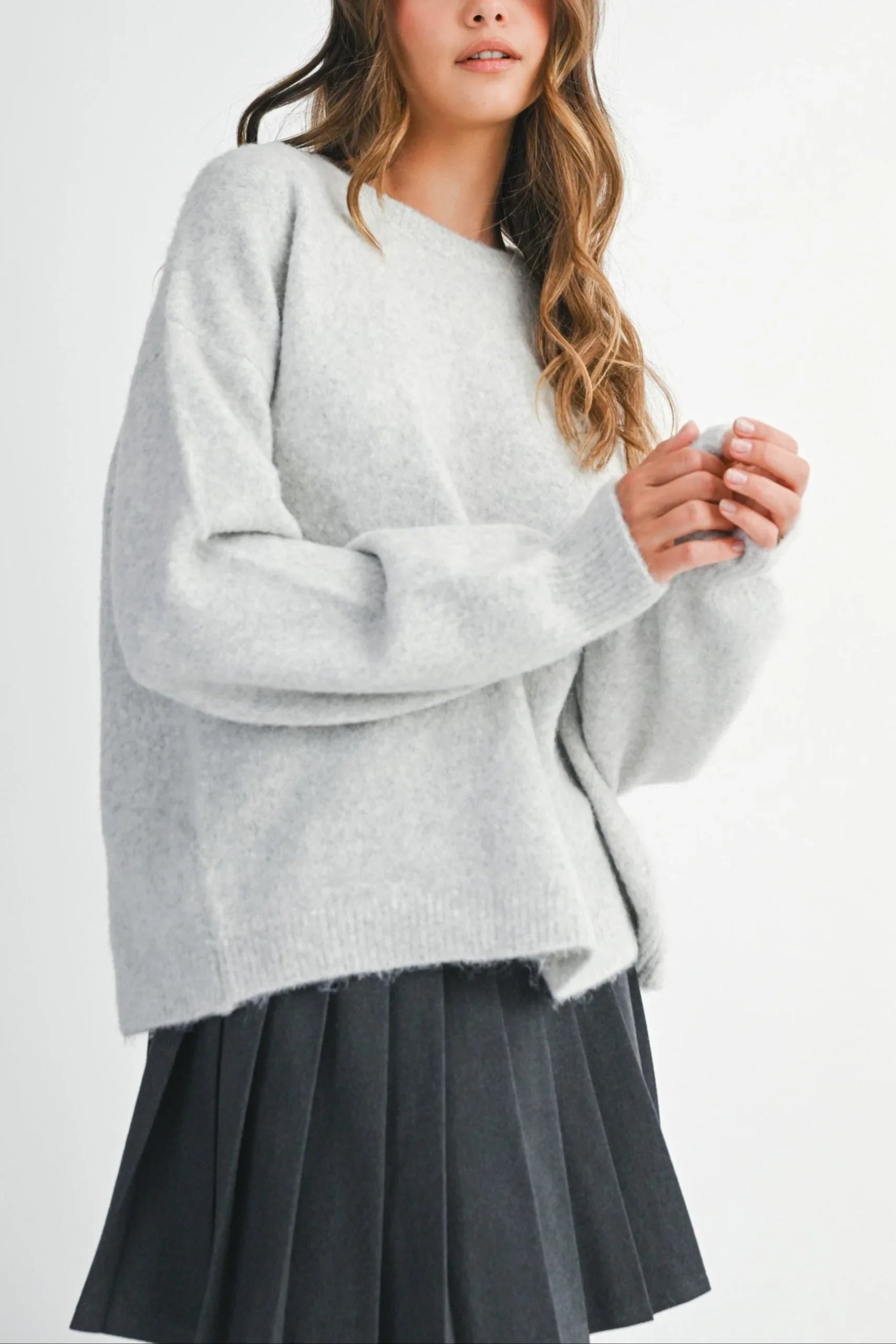 Crew Neck Open Back Bow Detail Sweater