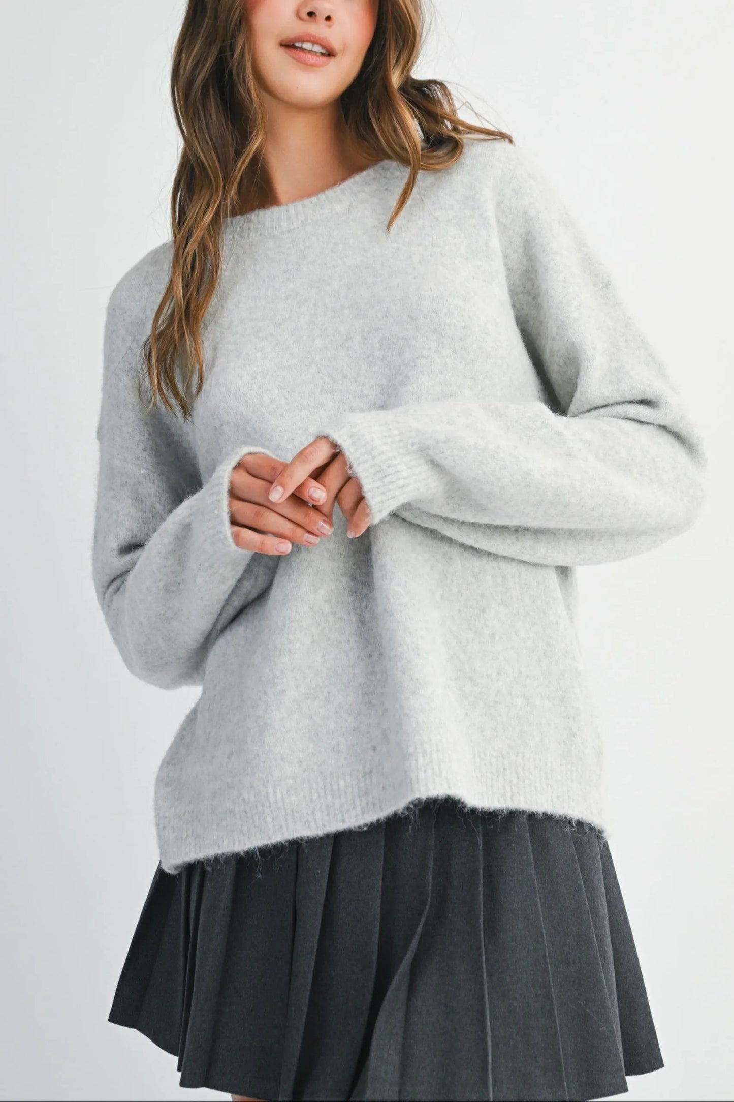 Crew Neck Open Back Bow Detail Sweater