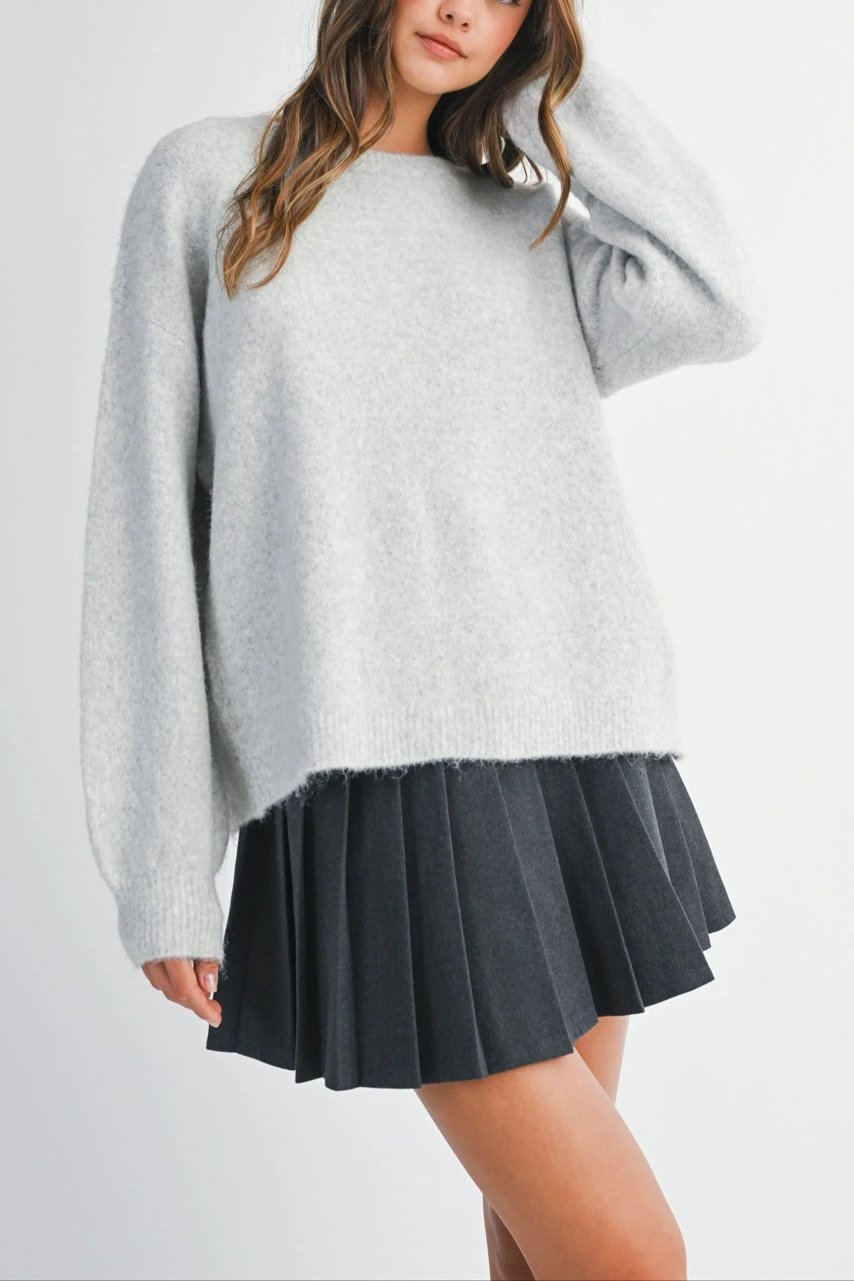 Crew Neck Open Back Bow Detail Sweater