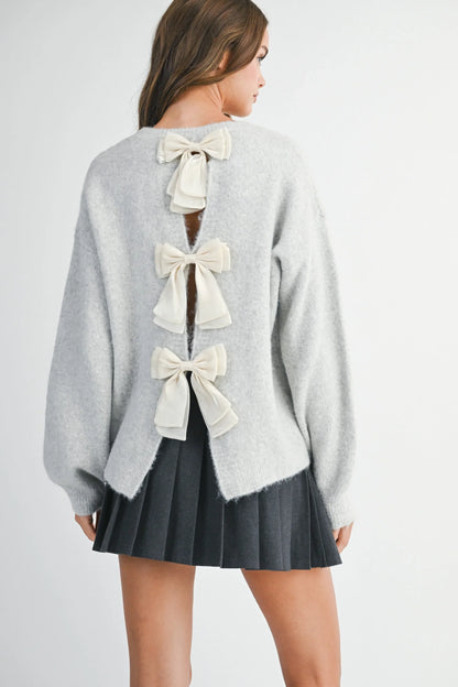 Crew Neck Open Back Bow Detail Sweater H Grey