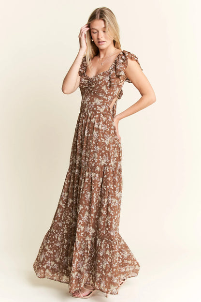 Ruffle Sleeve Tiered Maxi Dress in Mocha – outfit idea for women | Ro + Ivy