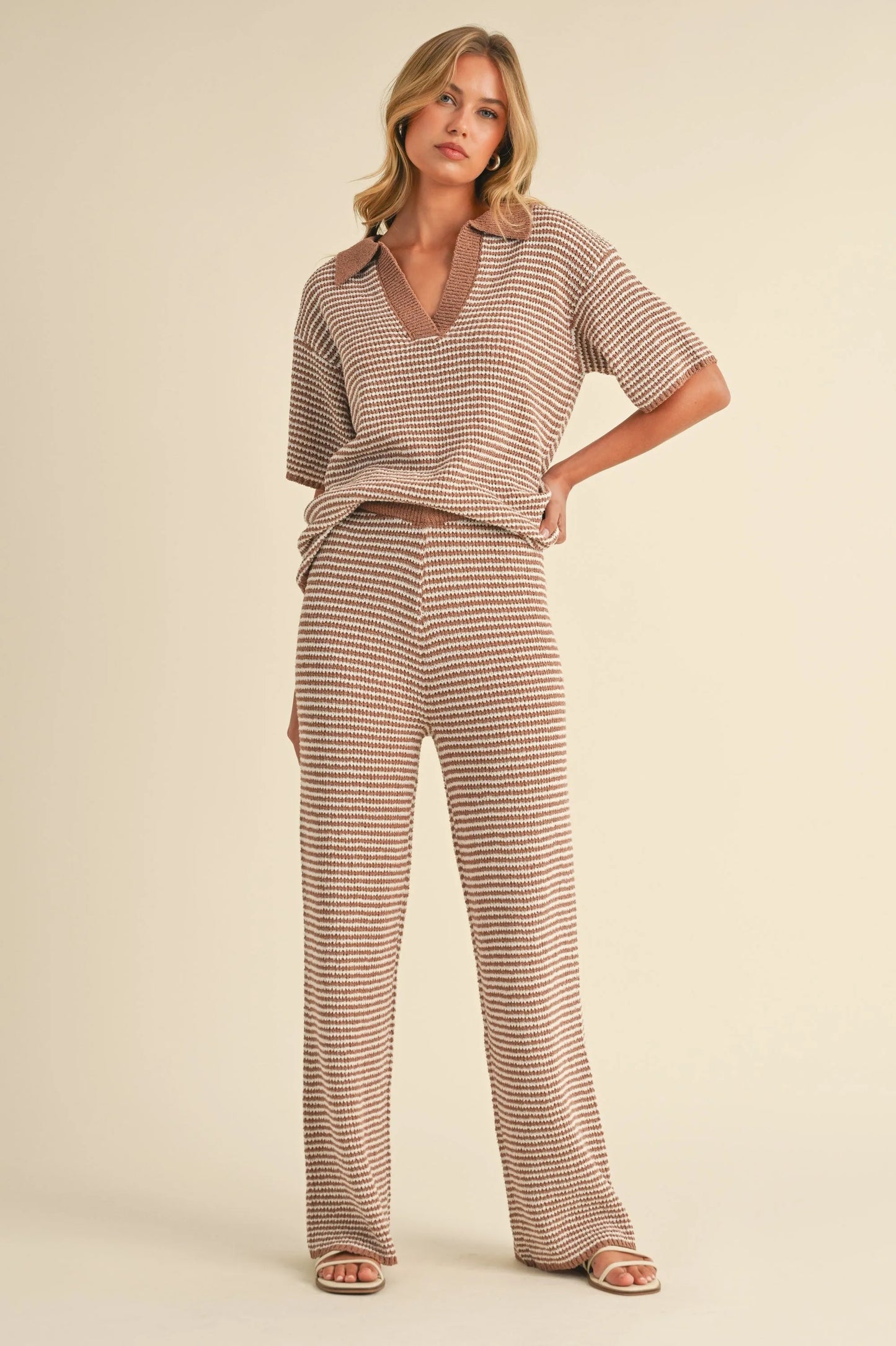 Striped Polo Collar Knit Top & Wide Leg Pants Two-Piece Set — Effortless Chic Comfortable Style - Mocha Outfit Sets