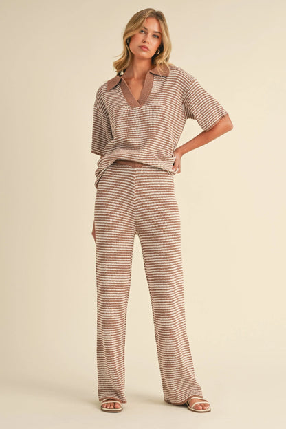 Striped Polo Collar Knit Top & Wide Leg Pants Two-Piece Set — Effortless Chic Comfortable Style - Mocha Outfit Sets