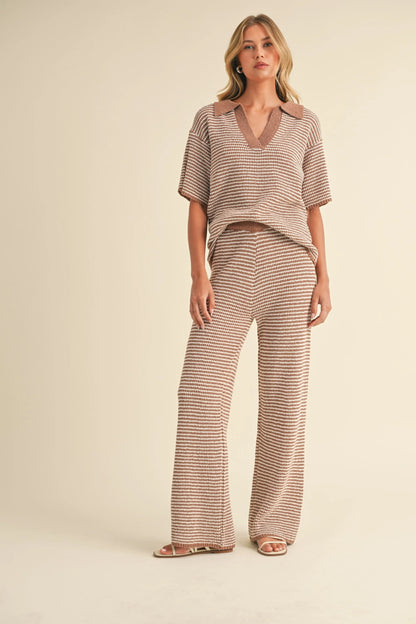 Striped Polo Collar Knit Top & Wide Leg Pants Two-Piece Set — Effortless Chic Comfortable Style - Outfit Sets