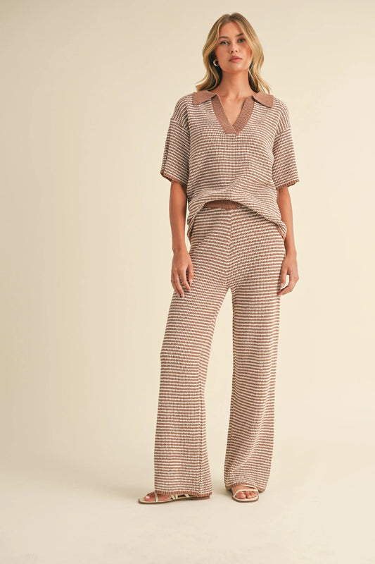 Striped Polo Collar Knit Top & Wide Leg Pants Two-Piece Set — Effortless Chic Comfortable Style