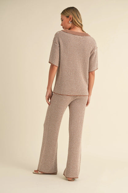 Striped Polo Collar Knit Top & Wide Leg Pants Two-Piece Set — Effortless Chic Comfortable Style - Outfit Sets