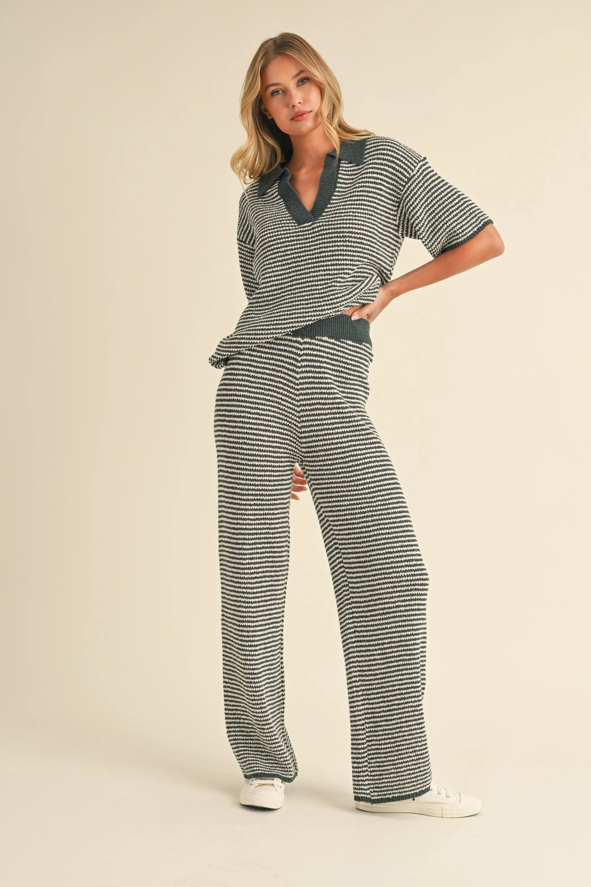 Striped Polo Collar Knit Top & Wide Leg Pants Two-Piece Set — Effortless Chic Comfortable Style - Outfit Sets