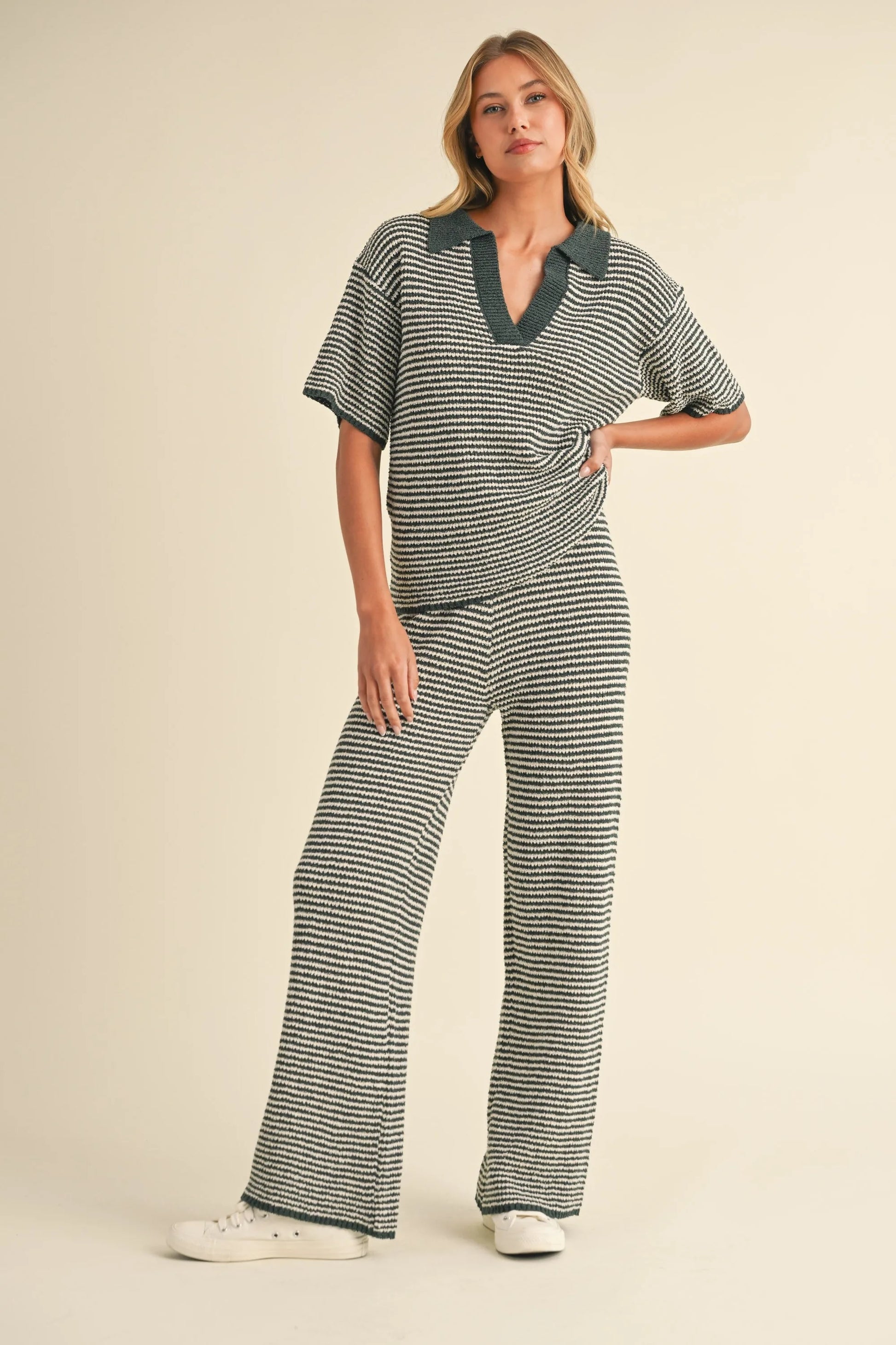 Striped Polo Collar Knit Top & Wide Leg Pants Two-Piece Set — Effortless Chic Comfortable Style - Outfit Sets