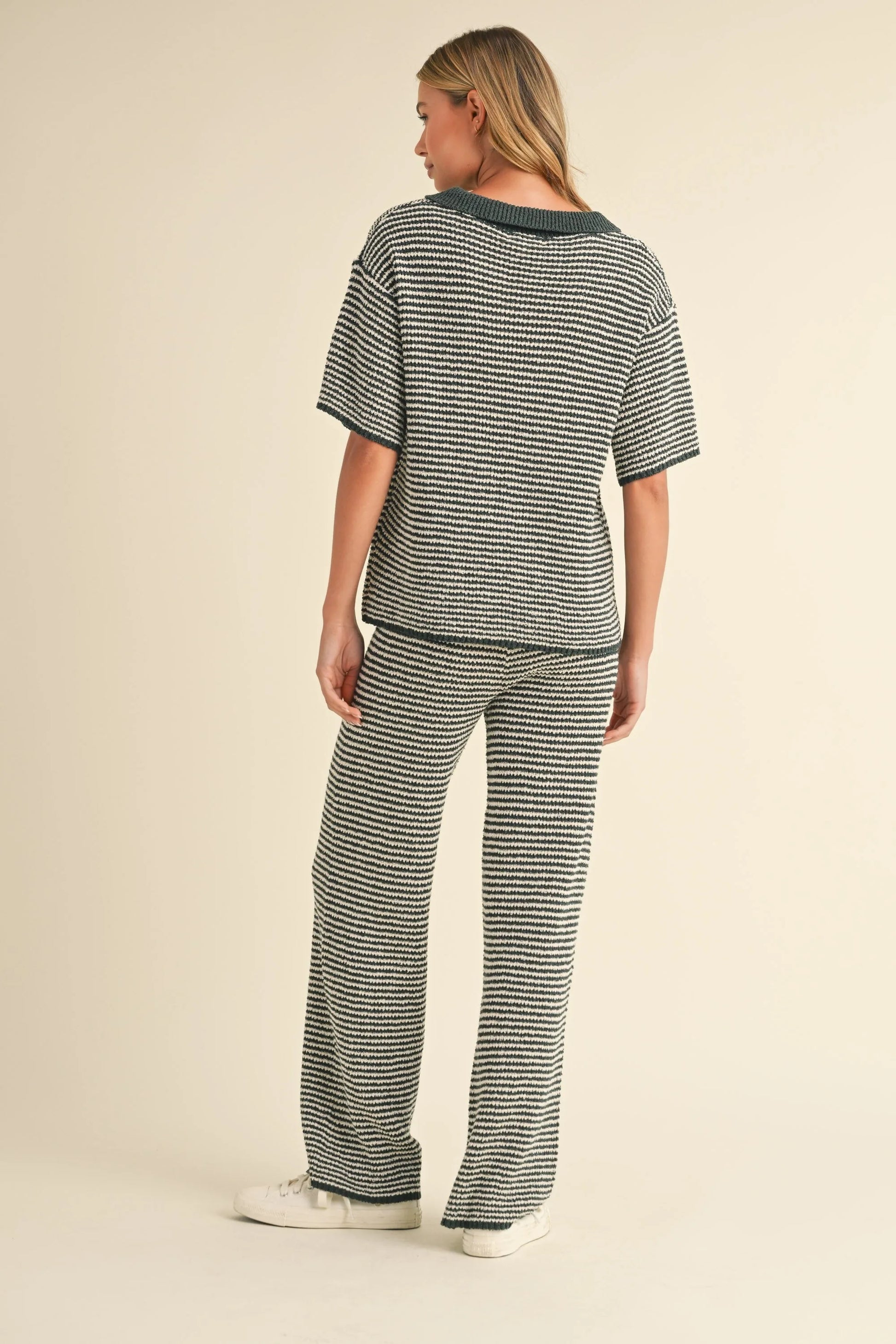 Striped Polo Collar Knit Top & Wide Leg Pants Two-Piece Set — Effortless Chic Comfortable Style - Outfit Sets