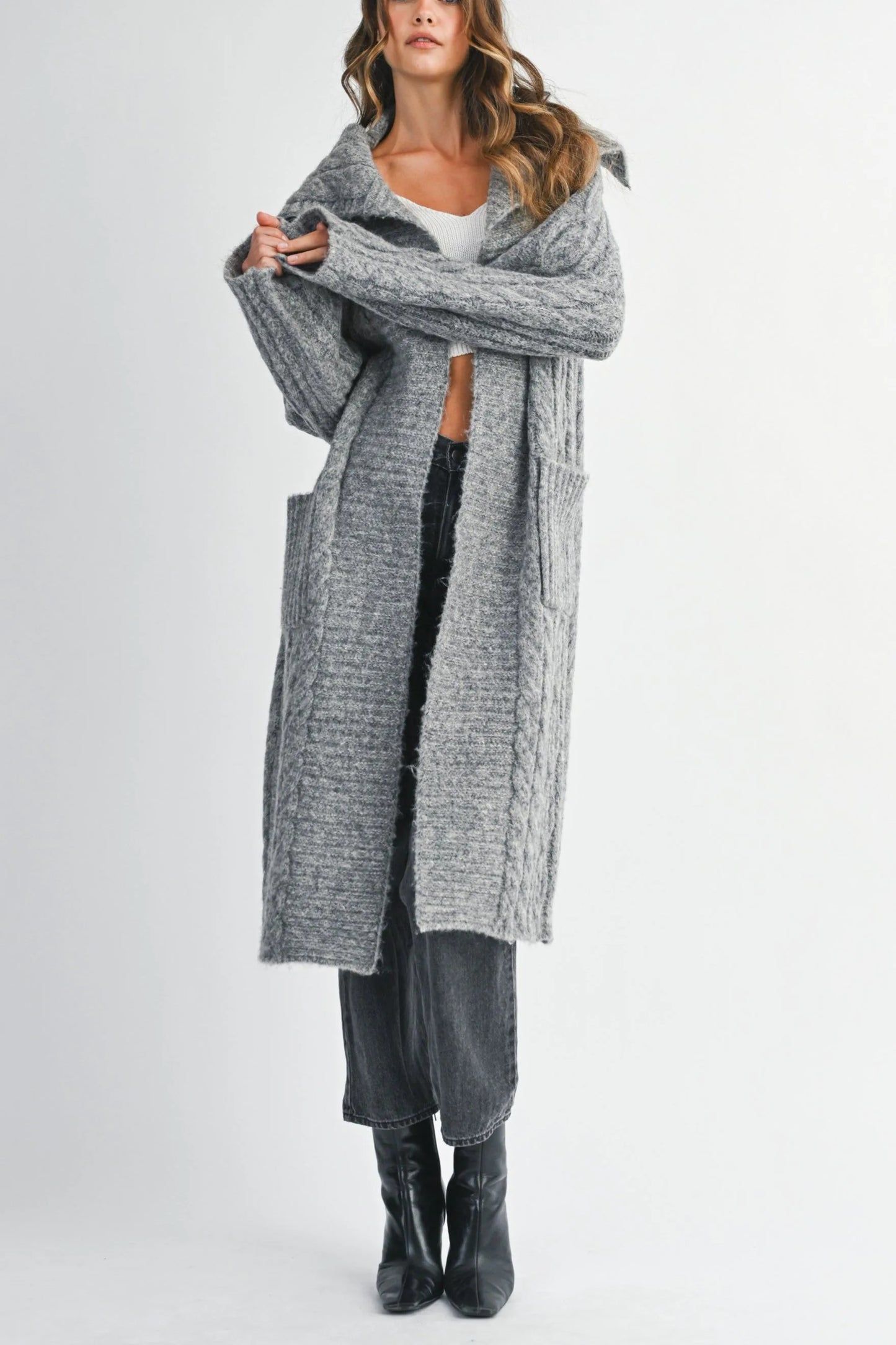 Cozy Cable Knit Longline Cardigan with Sailor Collar Charcoal