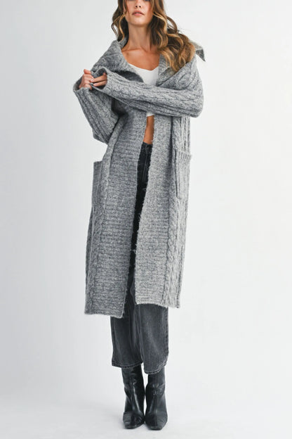 Cozy Cable Knit Longline Cardigan with Sailor Collar Charcoal