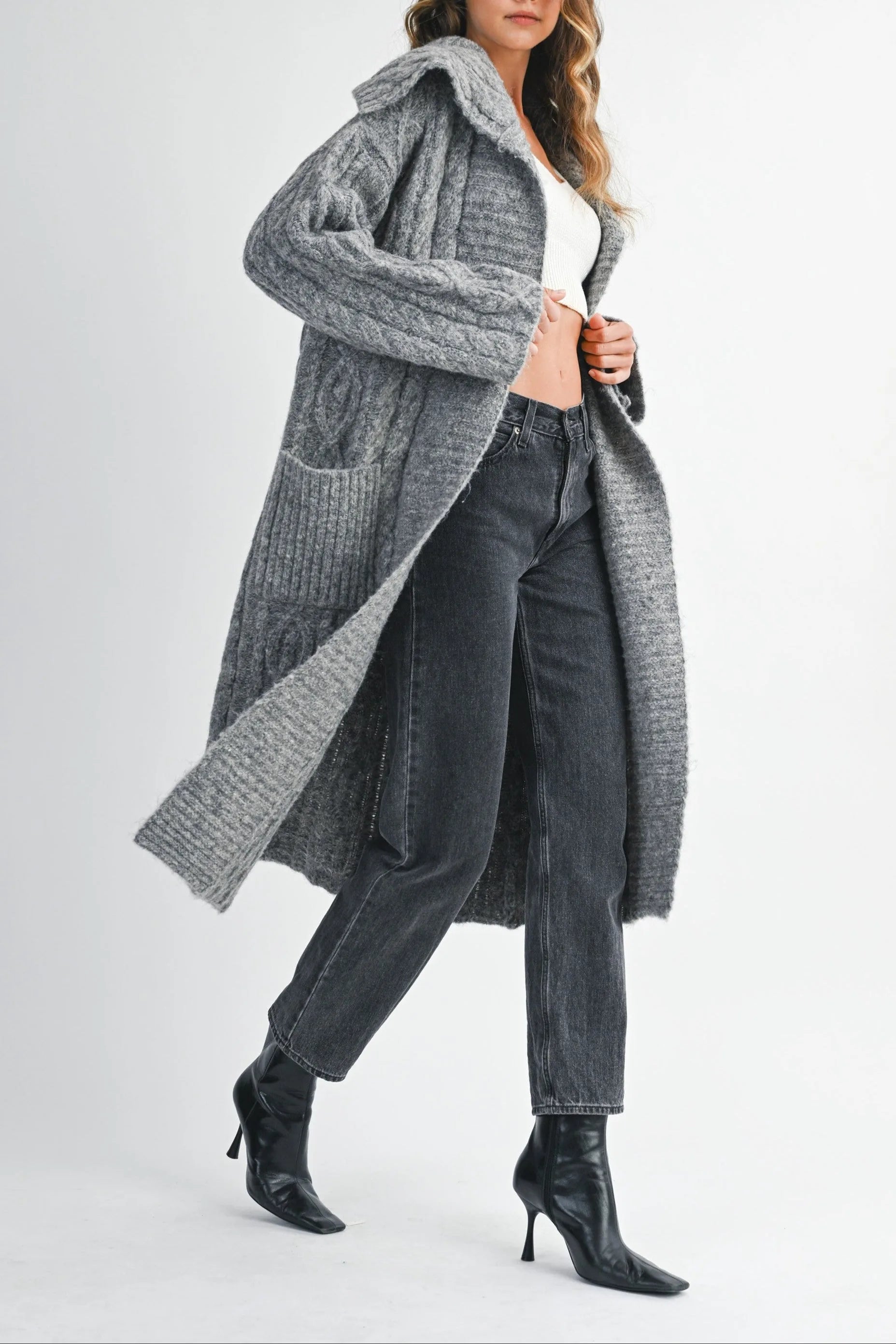 Cozy Cable Knit Longline Cardigan with Sailor Collar