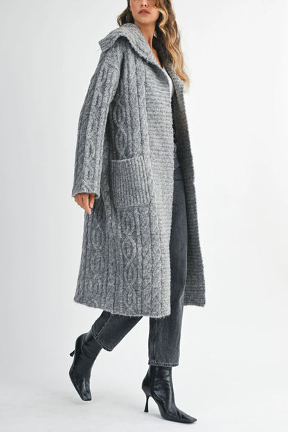 Cozy Cable Knit Longline Cardigan with Sailor Collar
