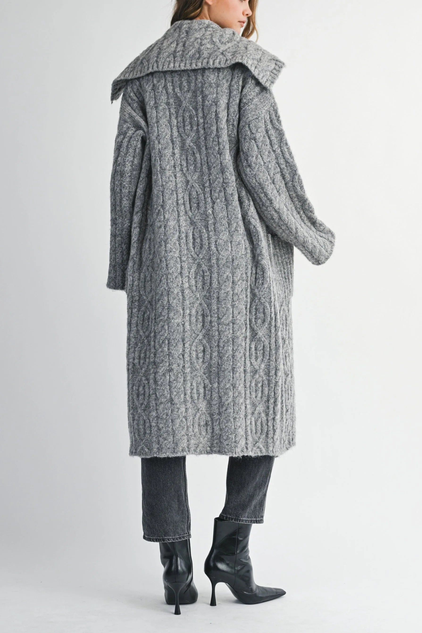 Cozy Cable Knit Longline Cardigan with Sailor Collar