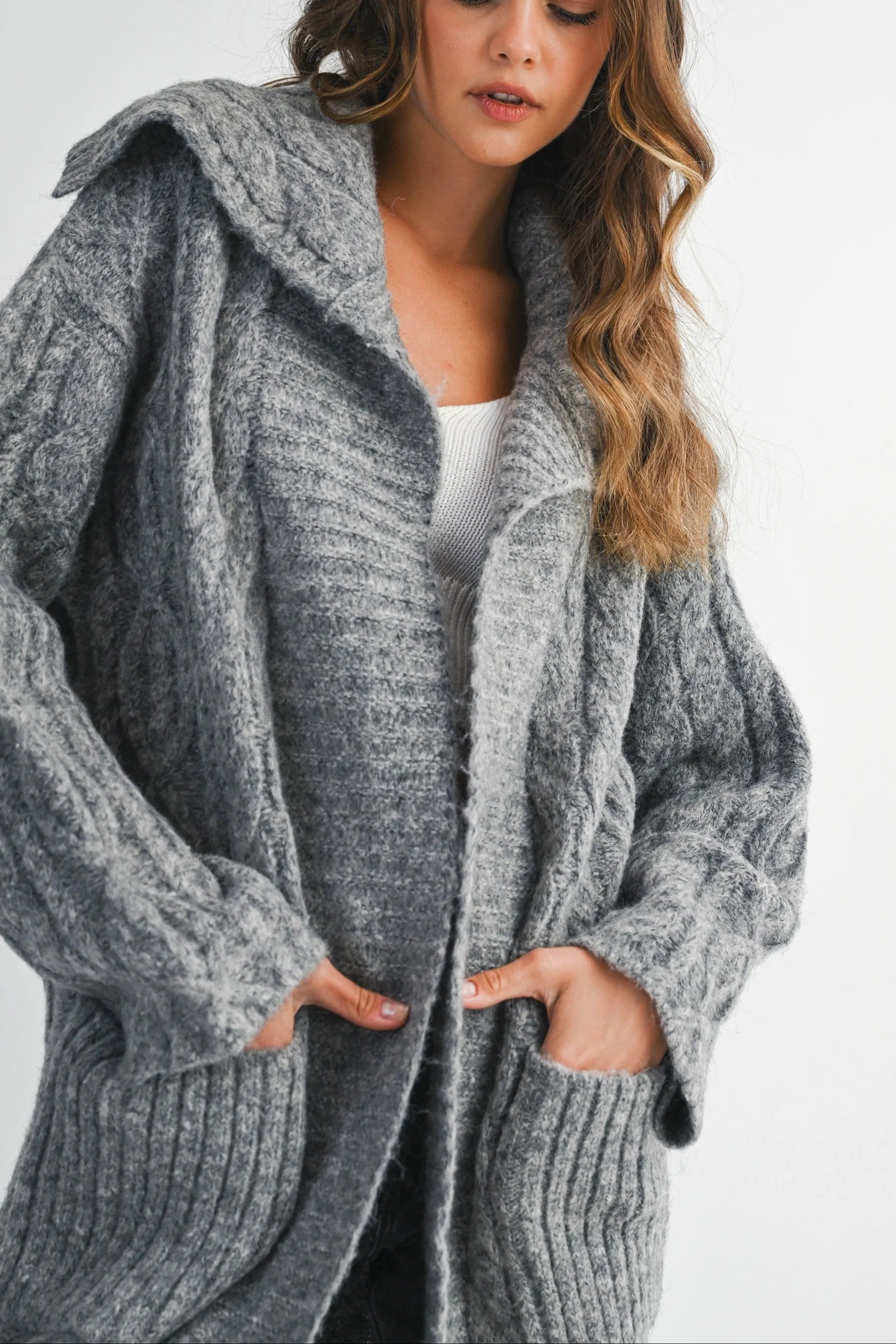 Cozy Cable Knit Longline Cardigan with Sailor Collar
