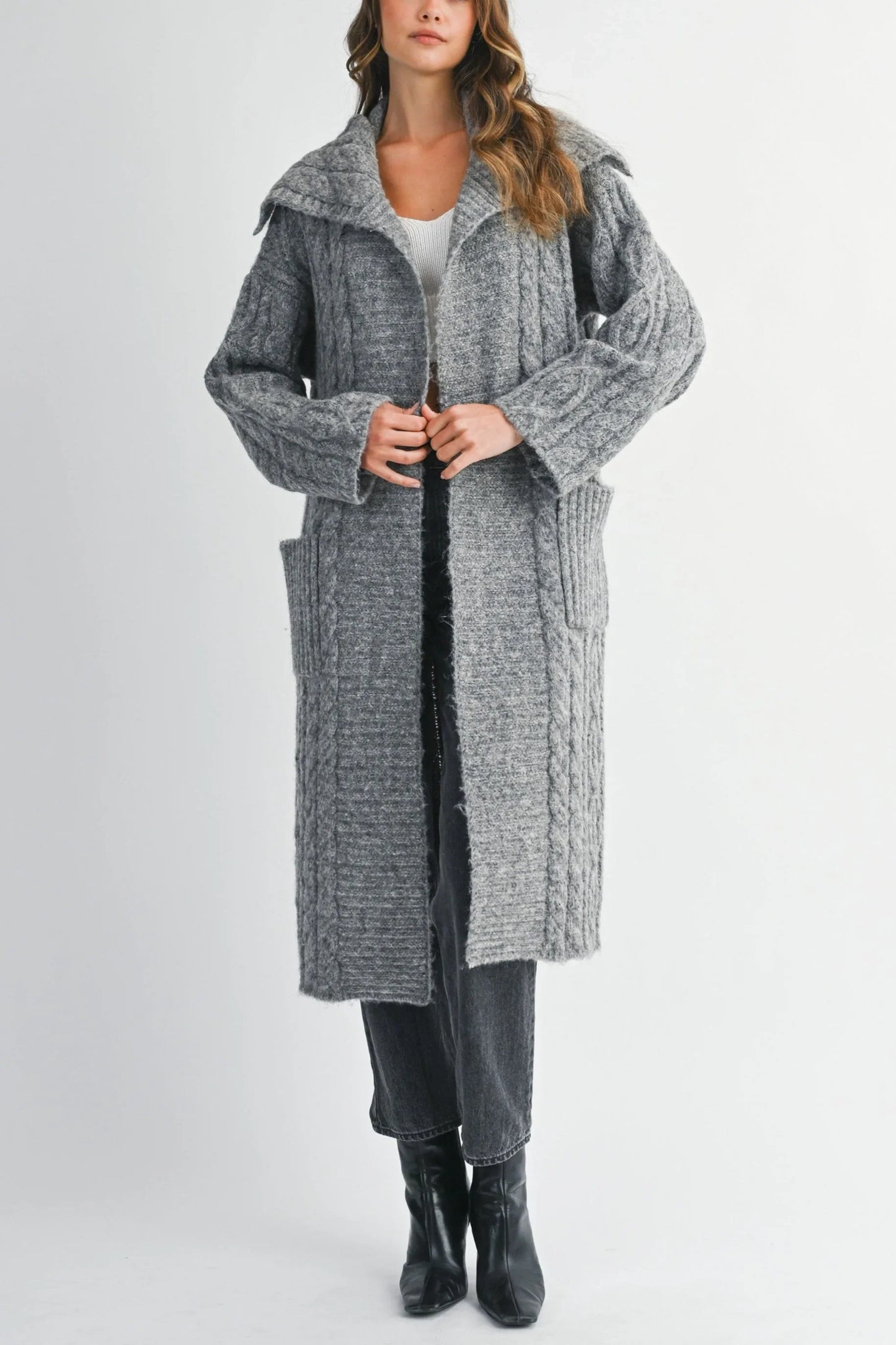 Cozy Cable Knit Longline Cardigan with Sailor Collar