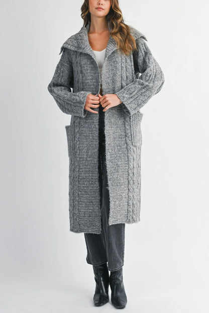 Cozy Cable Knit Longline Cardigan with Sailor Collar